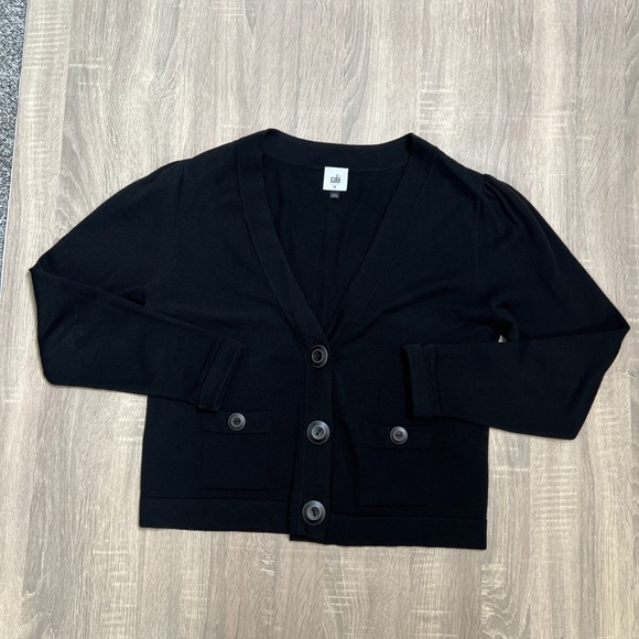 CAbi #3891 Goals Cardigan Black V-Neck Sweater Size Medium Big Buttons Pockets - Picture 3 of 12